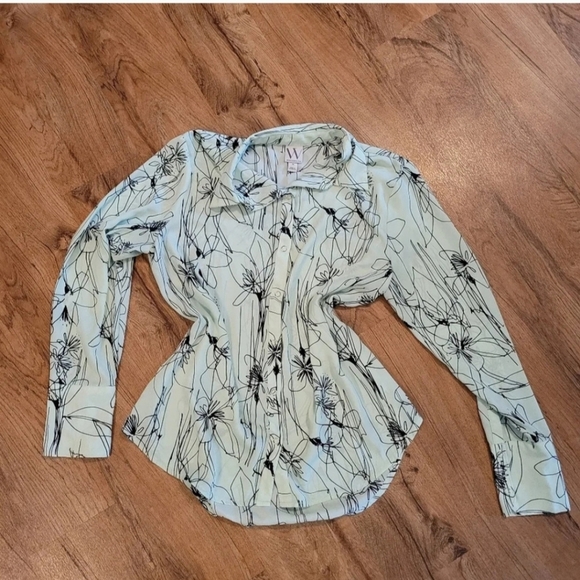Worthington Floral Mint Green Tie Button-Up Blouse Medium Retro Chic EUC - Picture 2 of 8